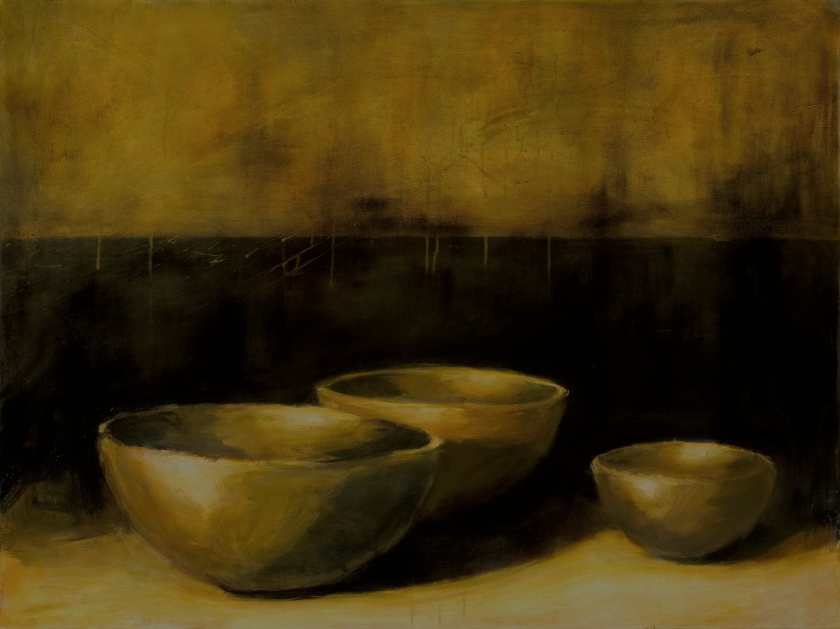 "Three Bowls in a Darkened Space", 40"x30", oil, acrylic on canvas.