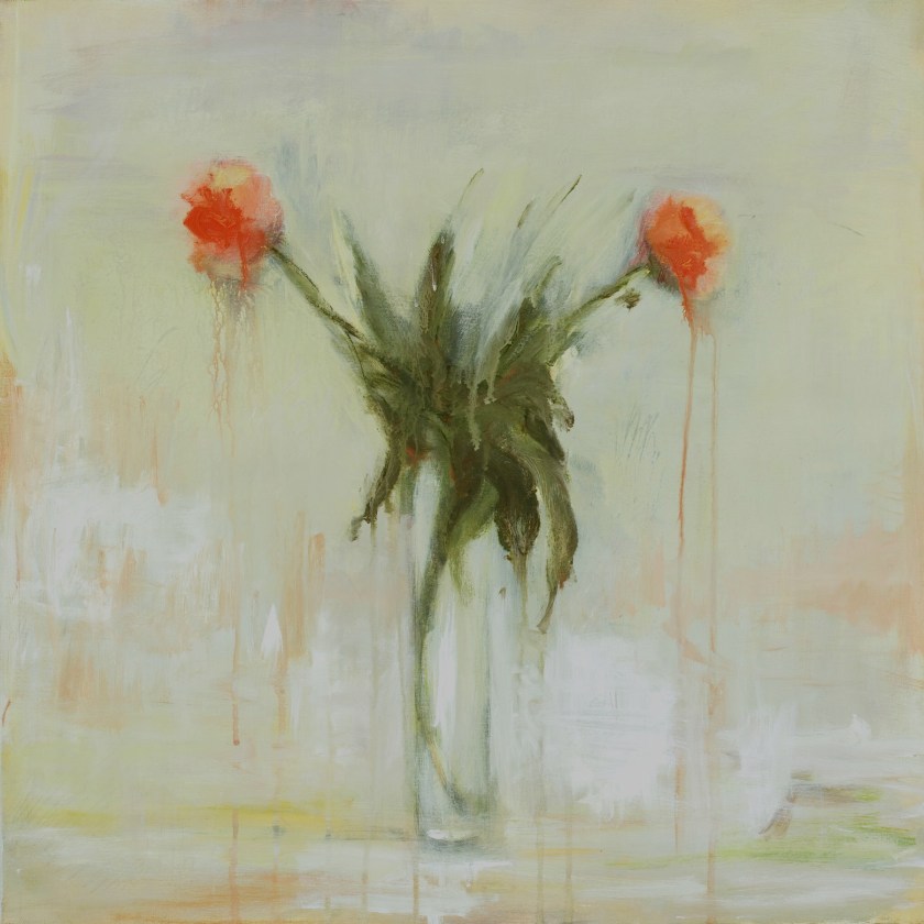 "Two Peonies with Drips", 24"x24", acrylic on canvas.