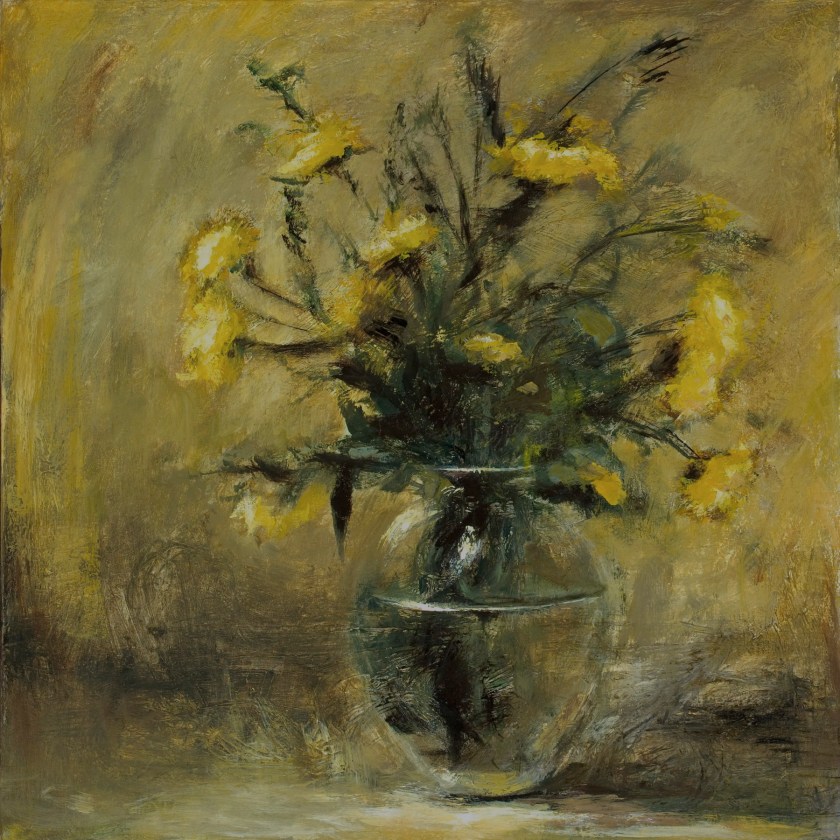 "Yellow Painting with Flowers", 24"x24", acrylic on canvas.